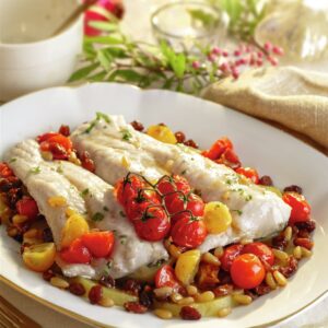 merluza al vapor con puré de coliflor y tomates cherry asados