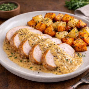 Cerdo a la Mostaza Dijon con Papas y Batatas Rústicas al Horno