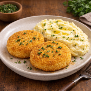 Medallones de Merluza Dorados con Puré Cremoso de Papa