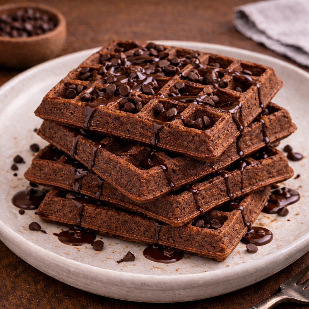 Waffles de Cacao con Salsa de Chocolate Amargo